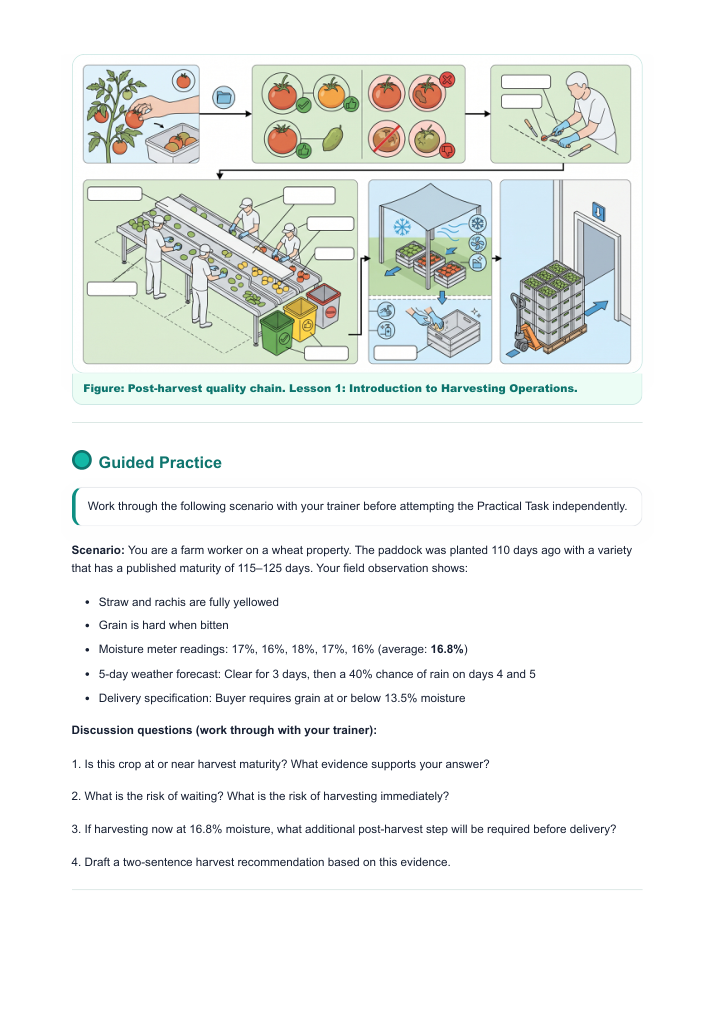 An English Harvesting Operations textbook page with technical illustrations and learning content